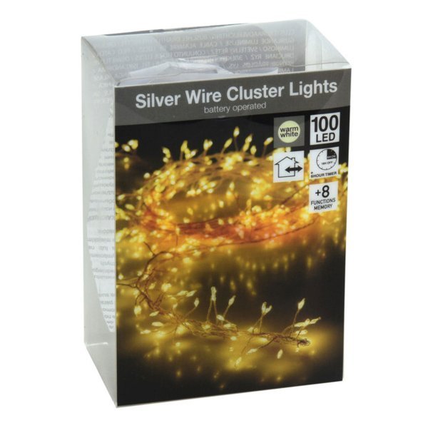 100 Λευκά Θερμά Λαμπάκια LED Copper Cluster Μπαταρίας, Εξωτερικού Χώρου, με 8 Προγράμματα και Χρονοδιακόπτη (1m) 